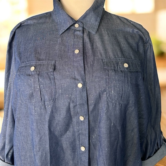 NWT!Blue Sparkles Pocket Snap Up Cuffed Sleeves Size 3X - Picture 3 of 7